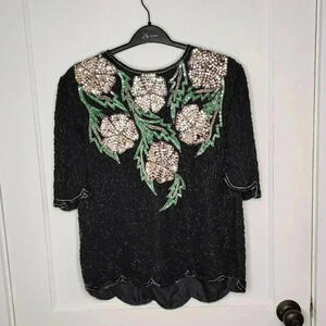 SCALA Vtg 100% Silk Heavily Beaded Short Sleeve Blouse Top Floral Black Medium